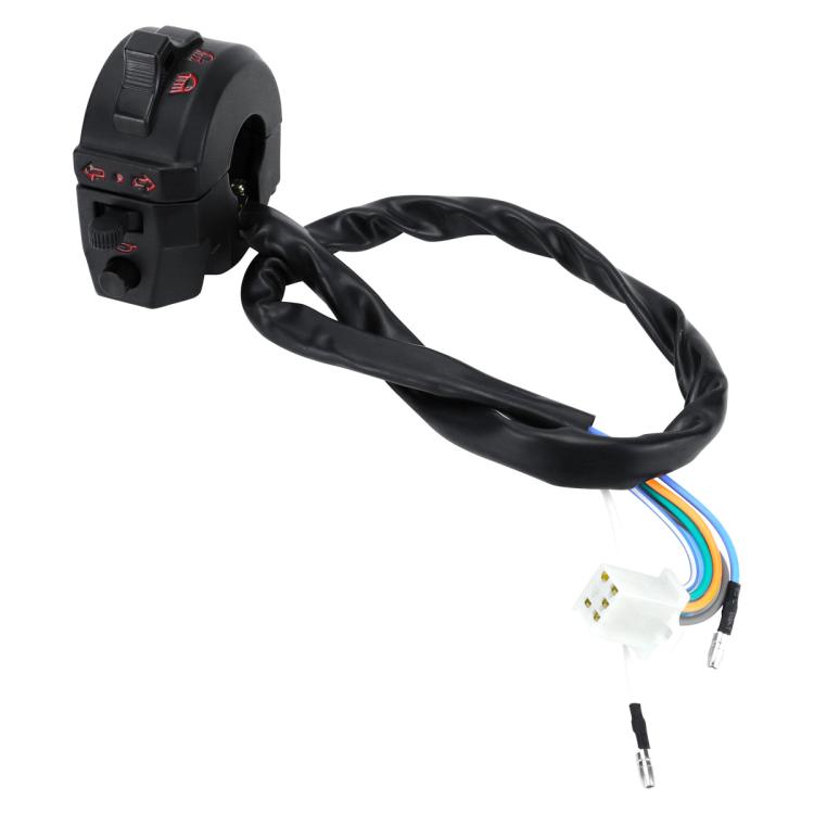 Motorcycle turn signal switch with black wiring harness and color-coded wire connector