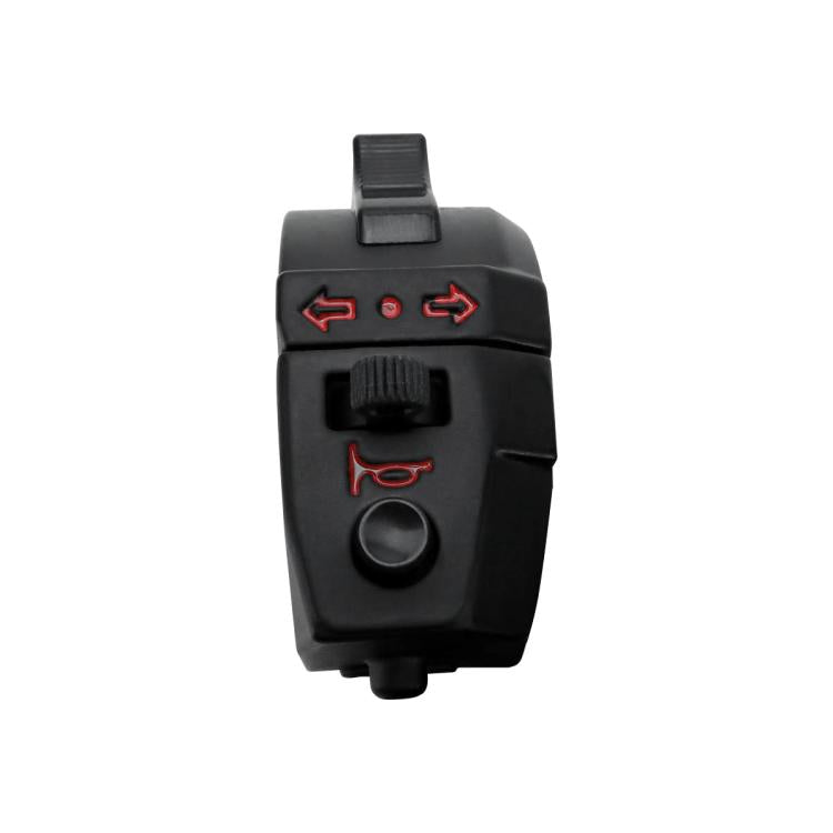 Black motorcycle turn signal and horn control switch housing with red arrow icons