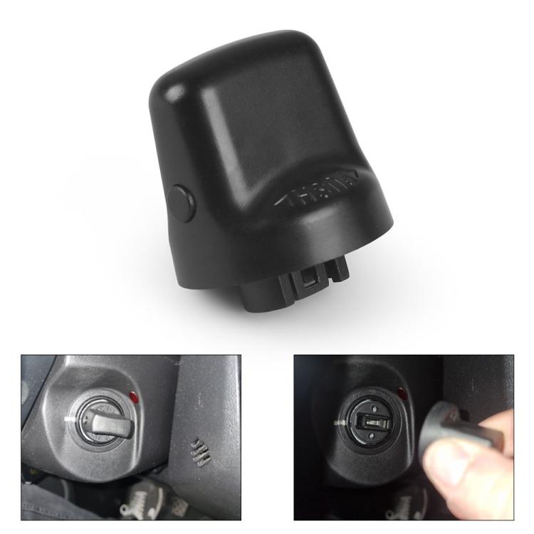 Black ignition switch knob cover installed, shown with two close-up connector views