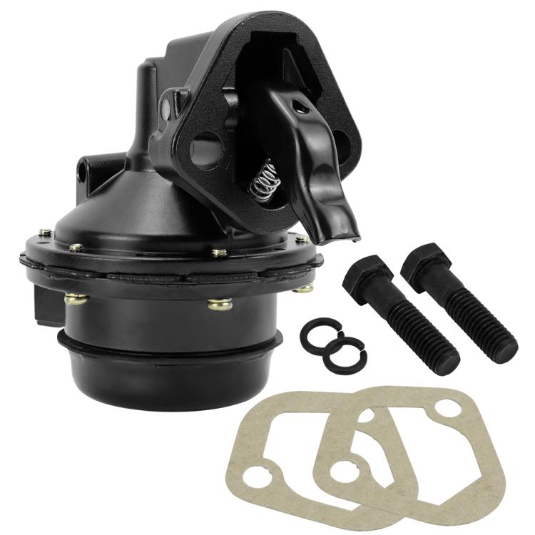 Mechanical fuel pump assembly, black housing with mounting bracket and outlet fittings