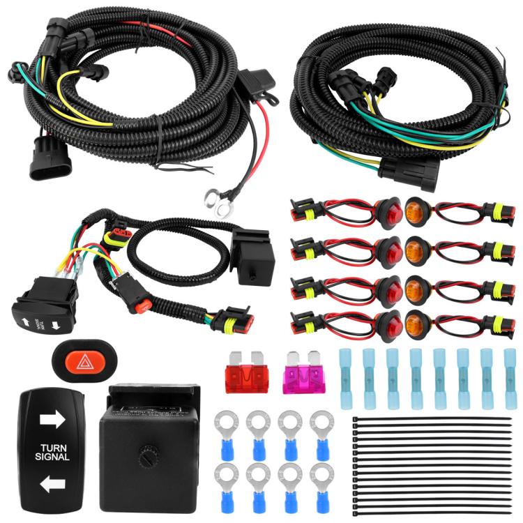 ATV turn signal wiring harness kit with emergency switch, flasher module, and sockets