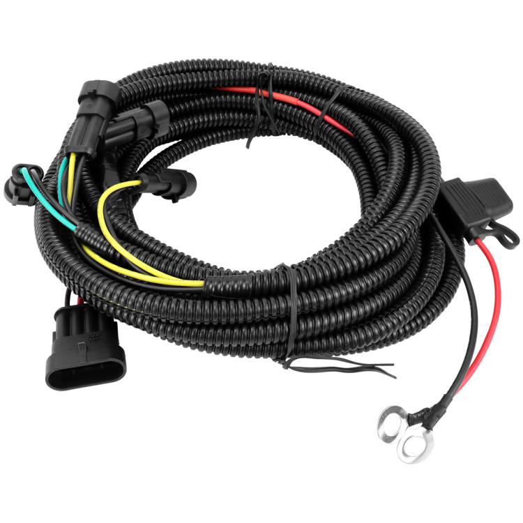 ATV turn signal wiring harness with corrugated black cable, connectors, and ring terminal