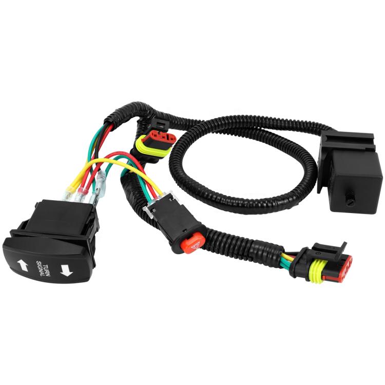 ATV turn signal wiring harness with control switch, inline connector, and warning button
