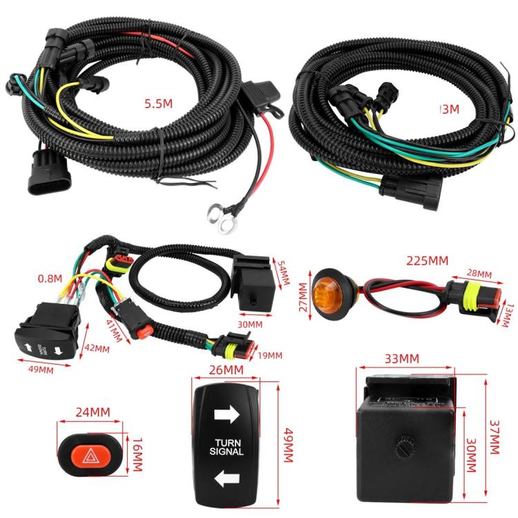 ATV turn signal wiring harness kit with measured lengths, switch, and signal light housings