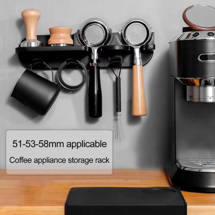 Wall-mount coffee organizer rack with accessory holders and flat mounting base, black