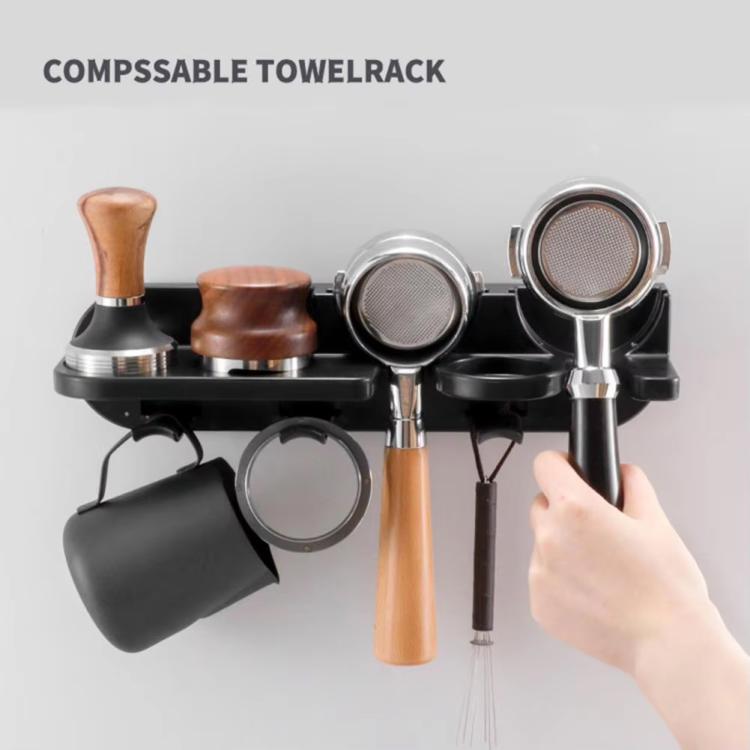 Wall-mount coffee tool holder with accessory slots for portafilter and tamper, black