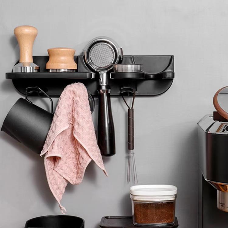 Wall-mount coffee tool holder holding portafilter, tamper, and accessories, black