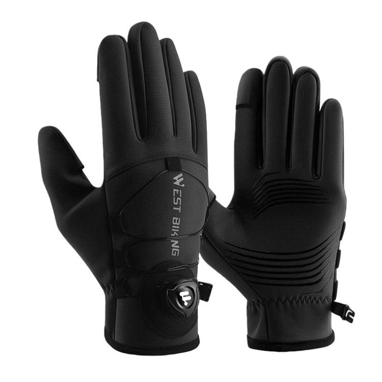 Black winter bike windproof gloves with buckle, padded knuckles and textured grip palms