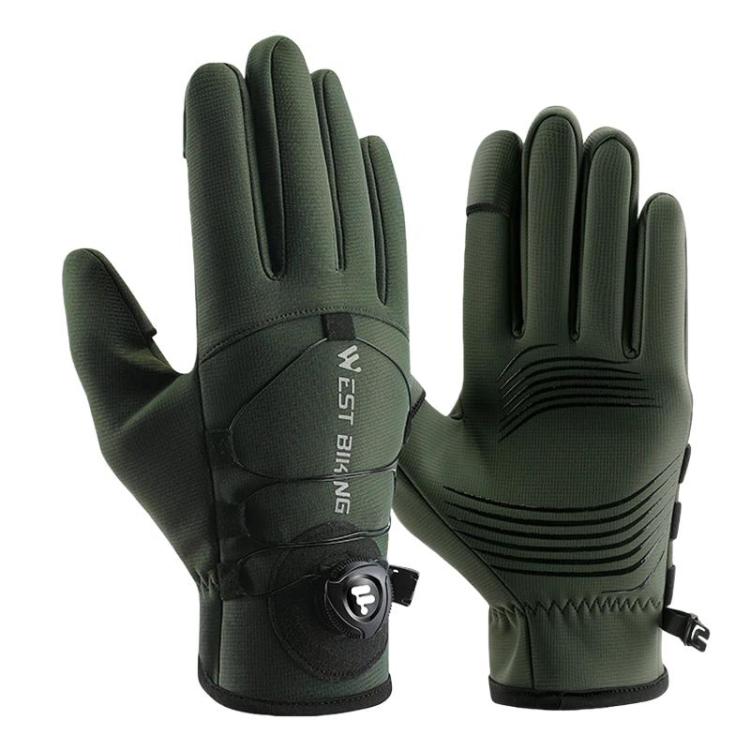 Green winter bike windproof gloves with buckle, padded knuckles and textured grip palms