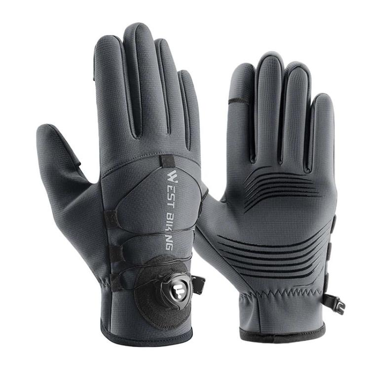 Black winter biking gloves with wrist buckle and West Biking logo