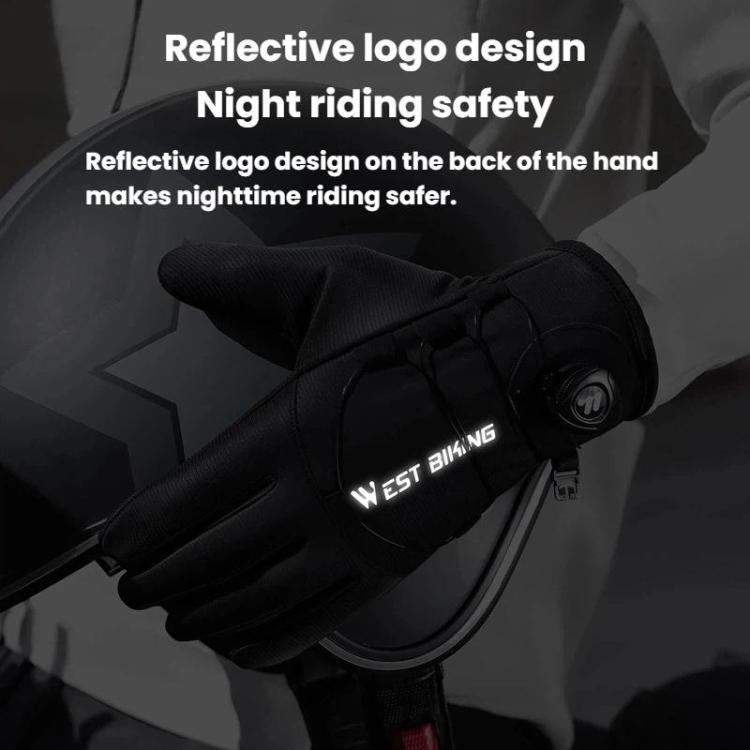 Black gloves with reflective West Biking logo on back of hand and wrist strap