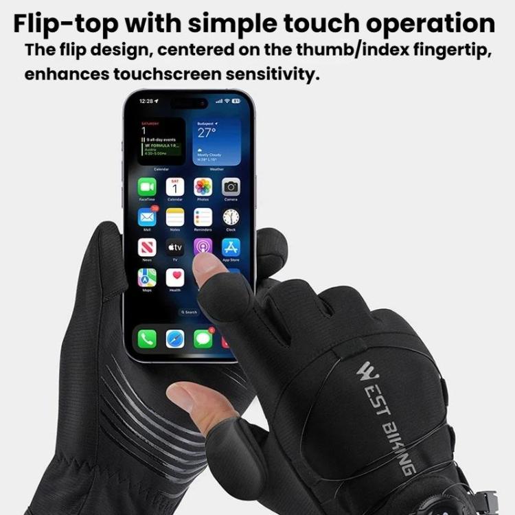 Black flip-top touchscreen gloves with West Biking logo on back of hand