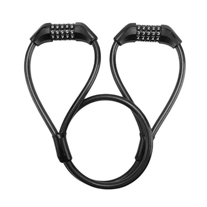 Double-headed steel cable lock with black password number dials and looped cable