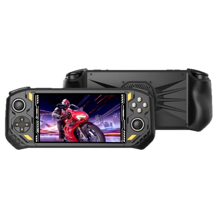Black handheld game console with 5.5-inch display, gamepad controls, and grip handles