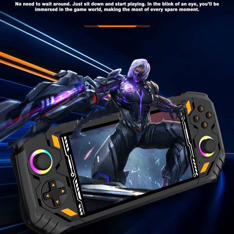 Handheld game console in use, with colorful game display and dual control sticks