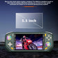 Green handheld game console with central screen and two thumbstick controllers