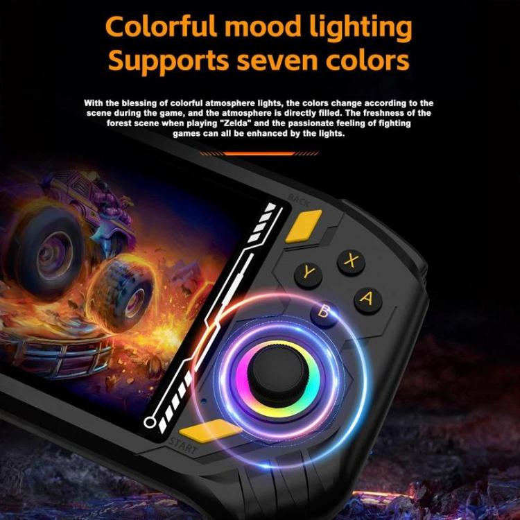 Black handheld game console with circular RGB ring light near the thumbstick