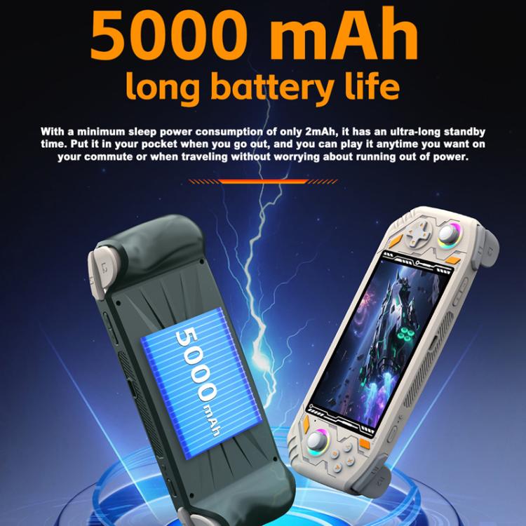 Handheld game console showing front and back with long battery life label