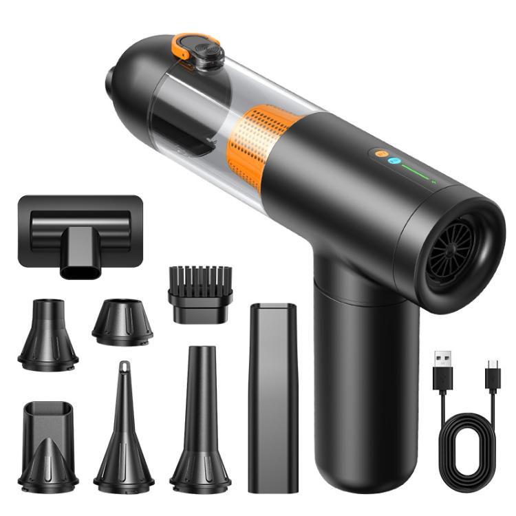 Handheld car vacuum cleaner in black and silver with orange filter and nozzle attachments set