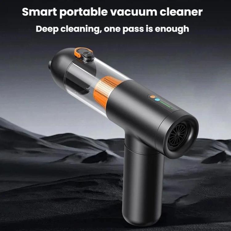 Handheld car vacuum cleaner with orange filter, shown upright with wide nozzle