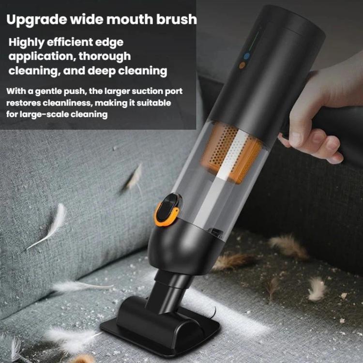Compact handheld car vacuum with wide-mouth brush attachment, dark gray body