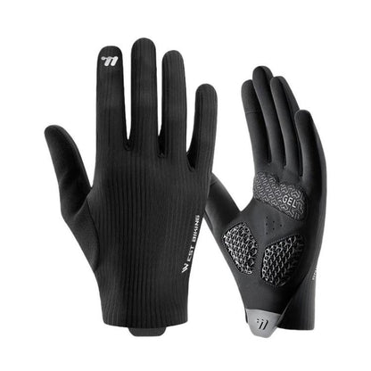 Black full-finger cycling gloves with ribbed knit and textured 3D palm pads