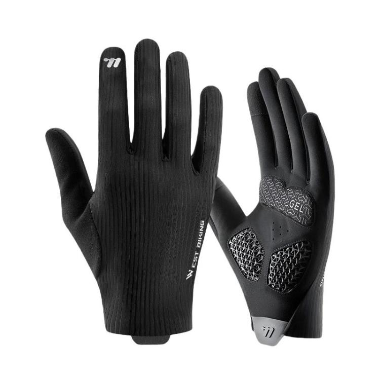 Black anti-slip bike gloves, full-finger design with cushioned, textured palm area