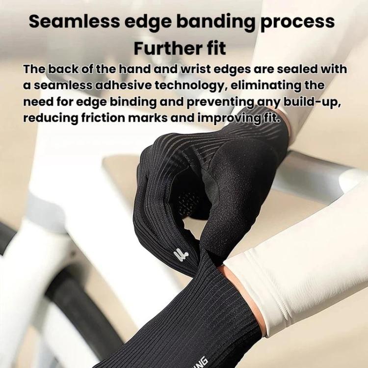 Black full-finger glove with seamless edge binding at thumb and wrist for a snug fit