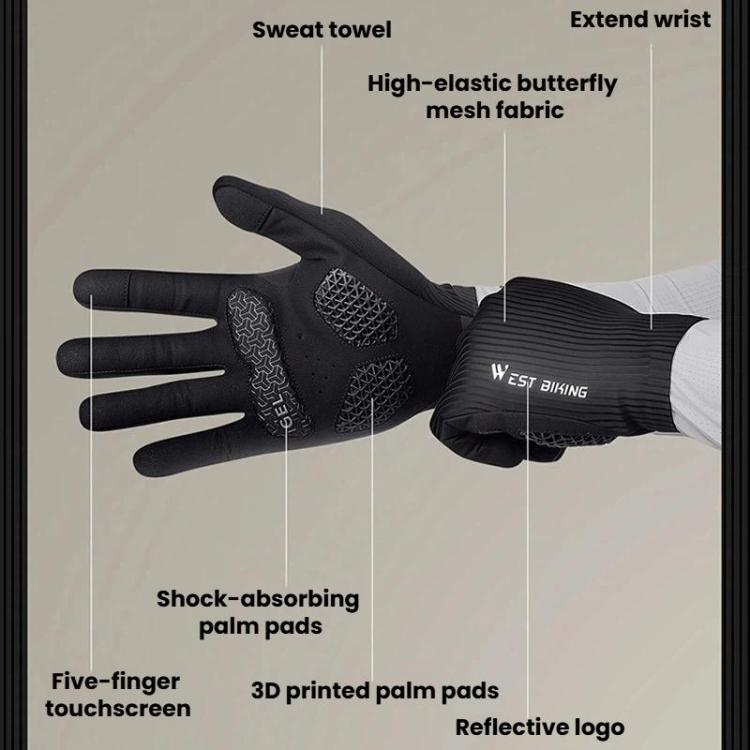 Black cycling glove overview with cushioned palm pads and extended wrist coverage