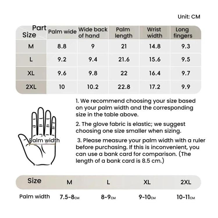 Cycling anti-slip full-finger gloves size chart with glove outline