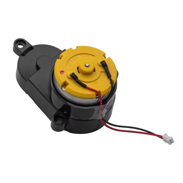 Compact side brush motor with wiring harness and white connector plug