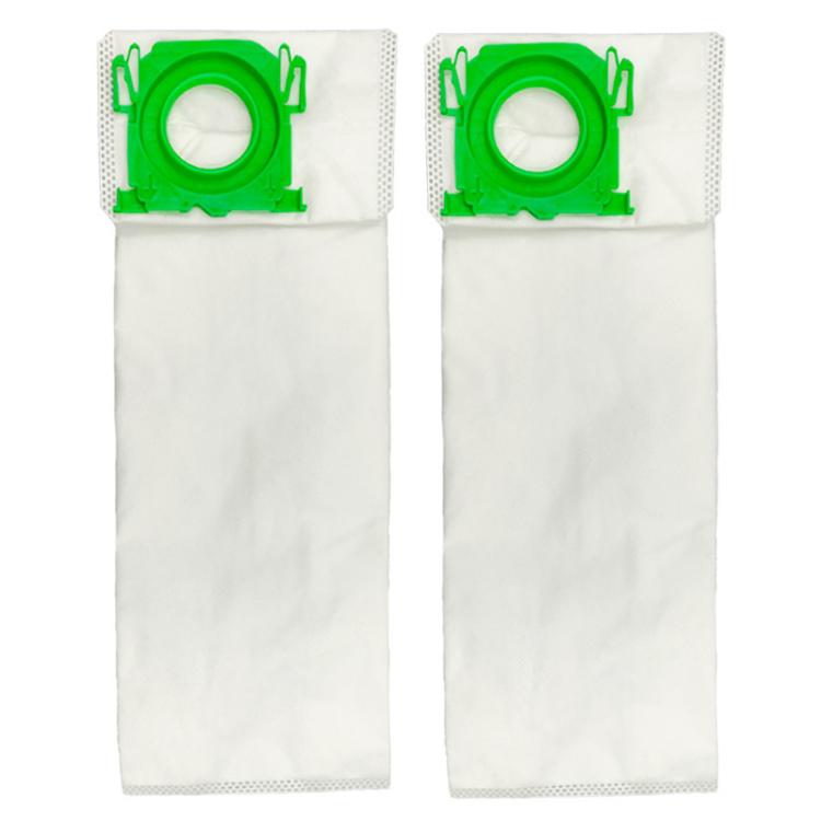 Pair of white non-woven vacuum dust bags with green mounting rings