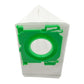 White non-woven vacuum dust bag with green mounting ring and front opening