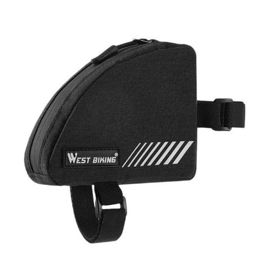Black triangle bike top tube bag with zip pocket, two straps, reflective stripe