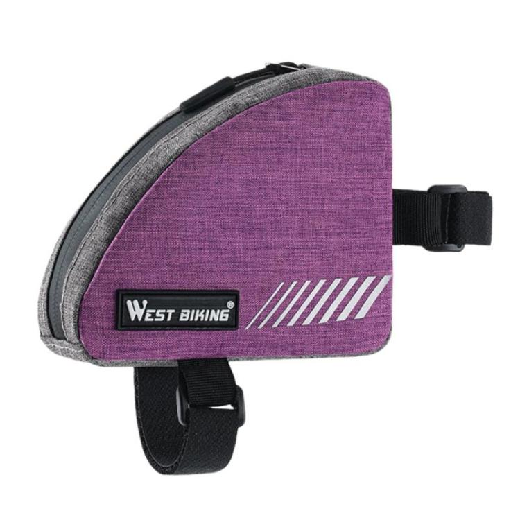 Purple triangle bike top tube bag with zip pocket, two straps, reflective stripe