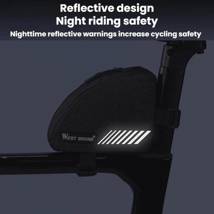 Black triangle bike storage bag with reflective stripe, mounted on bicycle frame
