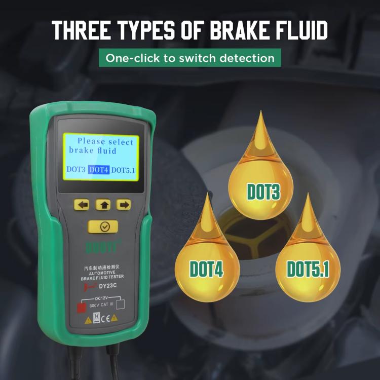 Brake fluid water content tester showing selection on LCD screen with attached probe