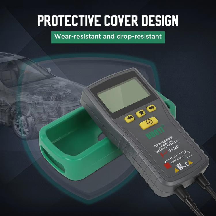 Brake fluid tester with LCD display and green protective cover positioned over device