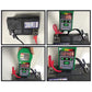 Battery tester connected to a vehicle battery with red and black clamp leads