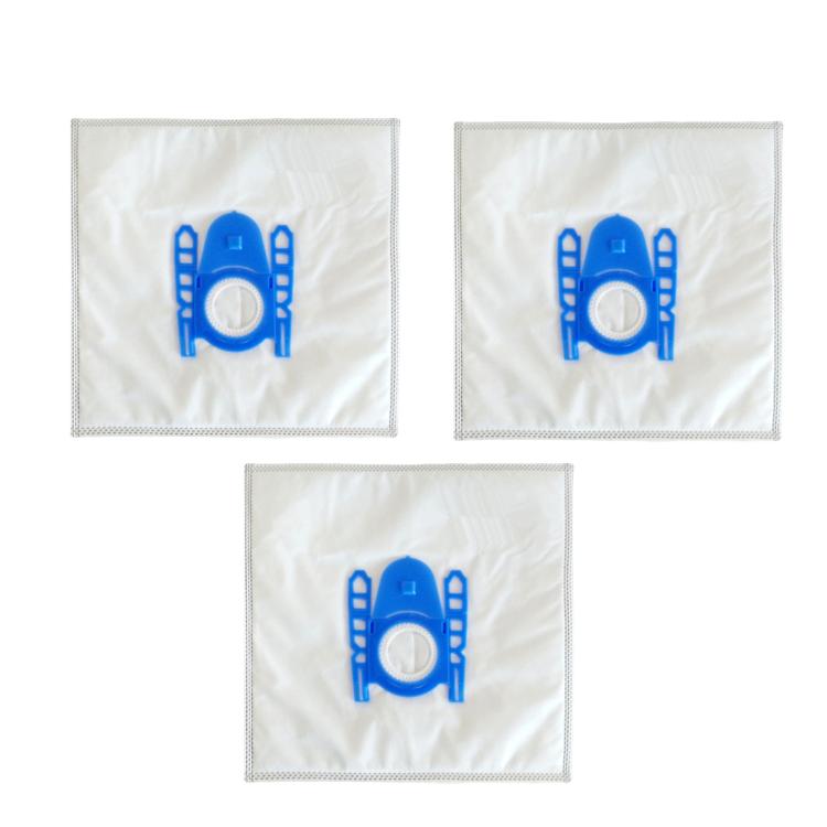 3-pack white non-woven vacuum dust bags with blue center logo and stitched edges