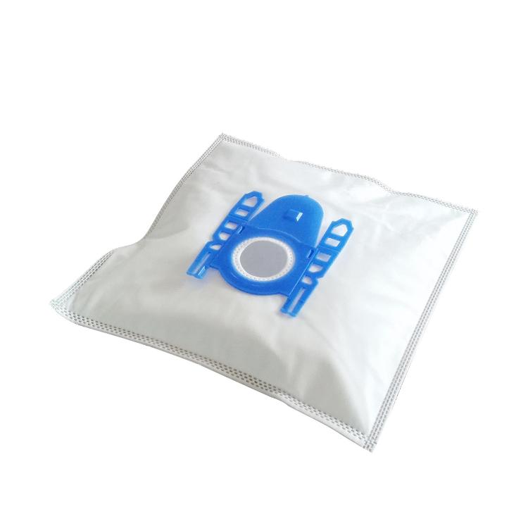 White non-woven vacuum dust bag with blue center logo and stitched border