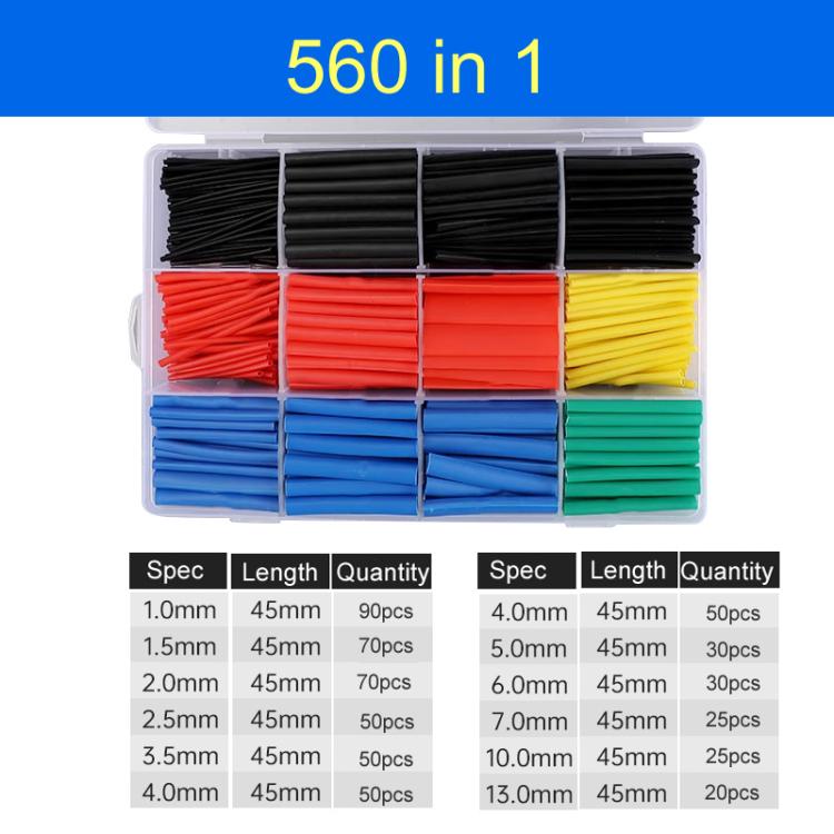 560-piece heat shrink tube set in storage case, red, blue, green, black colored tubes