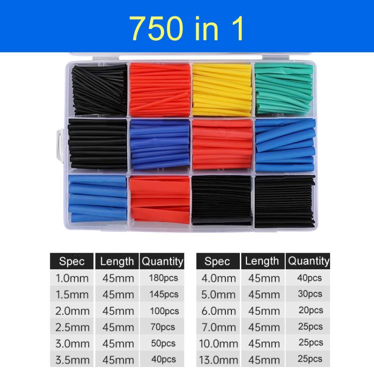 750-piece heat shrink tube set in storage case, mixed red, blue, black, yellow tubes