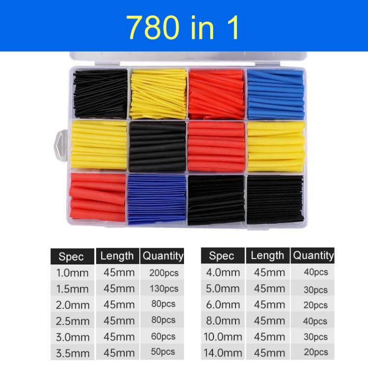 780-piece heat shrink tube set in storage case, assorted red, blue, yellow, black tubes