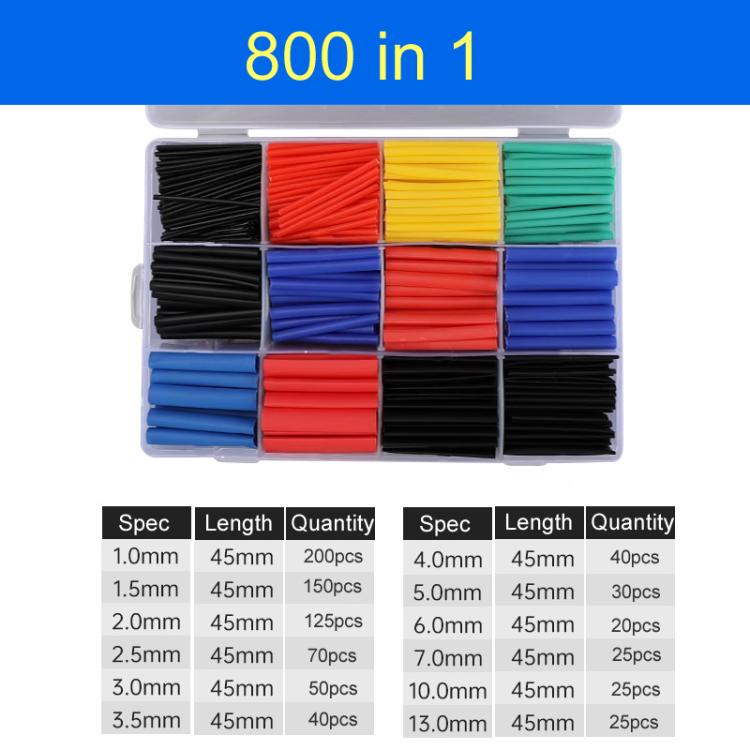 800-piece heat shrink tube set in storage case, multicolor blue, red, black, green tubes