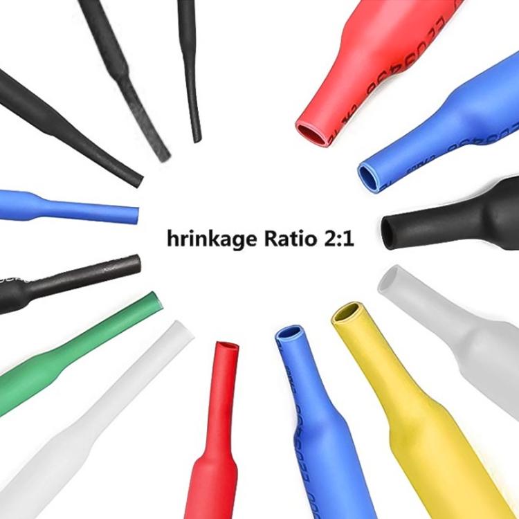 Assorted heat shrink tubes with 2:1 shrink ratio, colors including black, red, blue, green