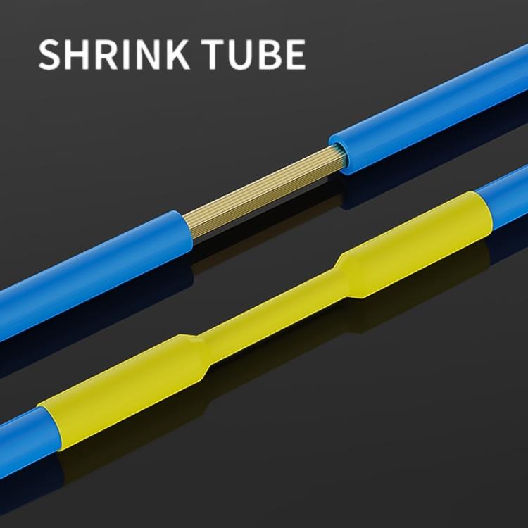 Heat shrink tubes close-up, blue and yellow tubes with ribbed shrink texture