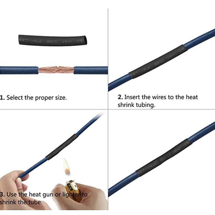 Heat shrink tube installation steps, tube fitting over blue cable with exposed wire