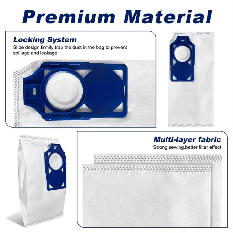 Non-woven vacuum dust bag with blue locking collar and white pouch
