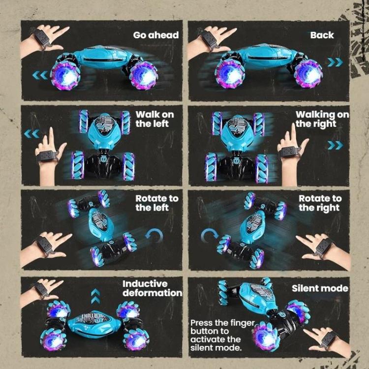 Blue stunt twist RC car with glowing wheels, shown from above on a control mat